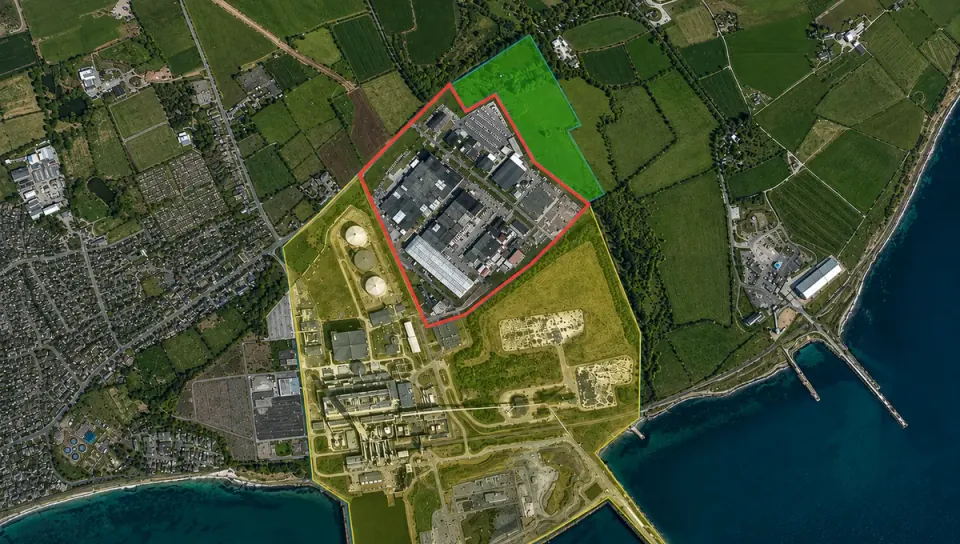 Aerial view showing the relationship between Kilroot Power Station, the proposed Energy Park and the wider business park